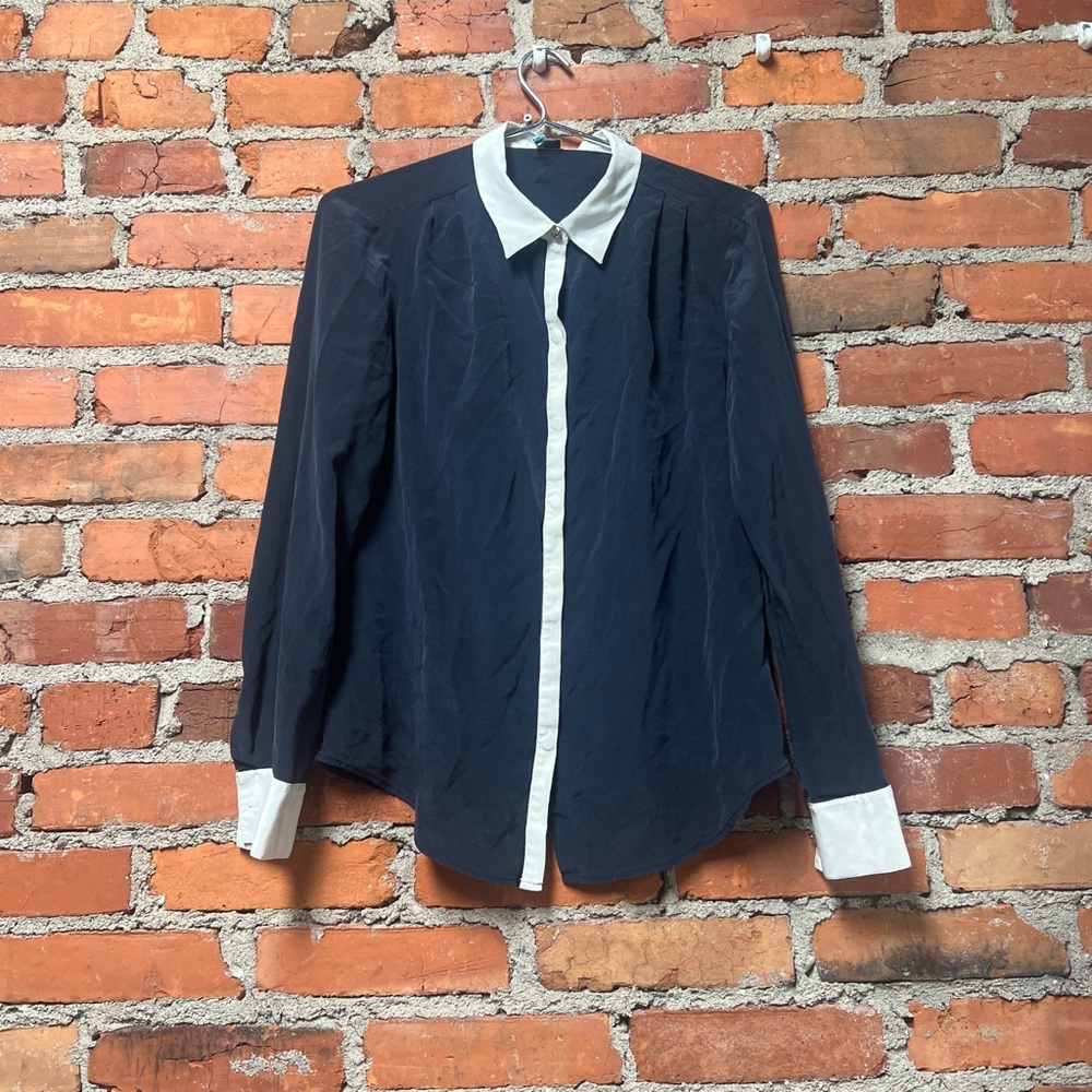 Navy and White 100% Silk Button-Up Blouse Chic Preppy workwear